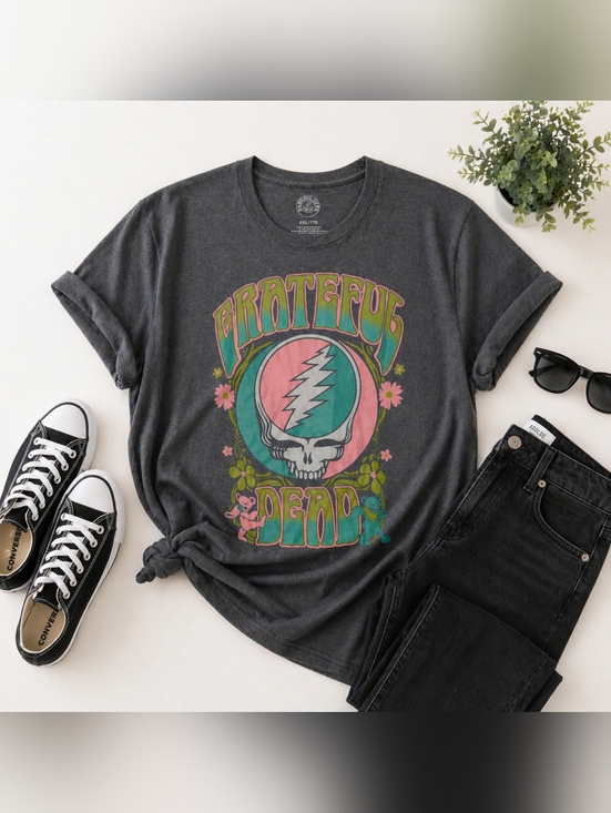 Grateful Dead Tops - Grateful Dead Graphic Tee - Charcoal with Pink & Teal Artwork